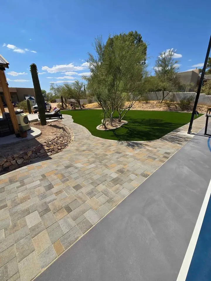 A sunny backyard showcases a paved stone walkway with elegant paver installation, surrounded by a lawn with desert plants and a few trees. A cactus stands beside the cozy seating area in the background, under the clear blue sky.