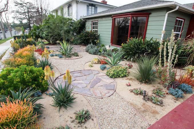 A landscaped yard in Gilbert, AZ, featuring various succulents and desert plants, including aloe and agave, set in gravel and sand. The house is green with large windows and artificial turf accents the space. There's a stone path weaving through the garden.